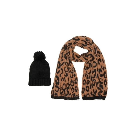 Steve Madden PomPom Beanie & Leopard Print Knit Scarf 2-Piece Set New Nwt hat gi - Picture 2 of 6